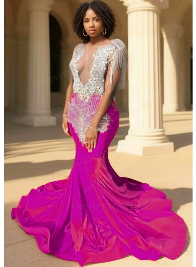 Fuchsia Sequins Bodice Mermaid Velvet Prom Dresses with Fringe Beaded