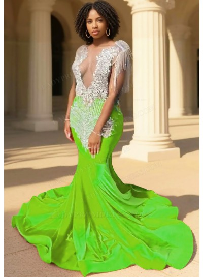 Lime Green Sequins Bodice Mermaid Velvet Prom Dresses with Fringe Beaded