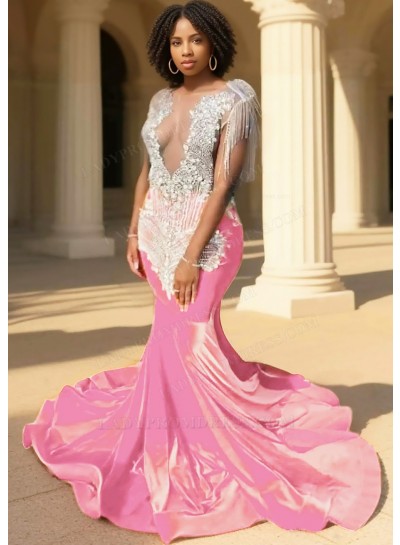 Pale Pink Sequins Bodice Mermaid Velvet Prom Dresses with Fringe Beaded