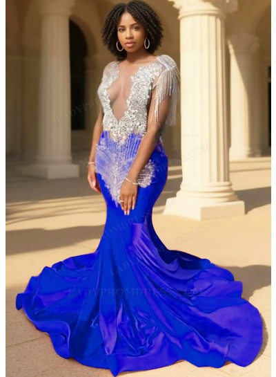 Royal Blue Sequins Bodice Mermaid Velvet Prom Dresses with Fringe Beaded