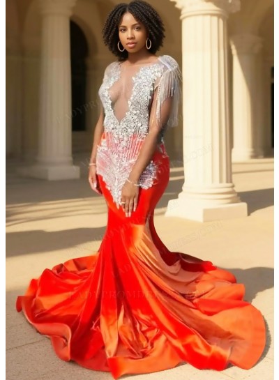 Orange Red Sequins Bodice Mermaid Velvet Prom Dresses with Fringe Beaded