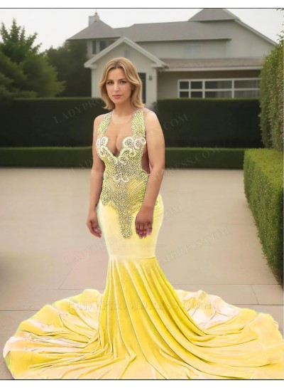 Daffodil V-neck Velvet Mermaid Prom Dresses with Beaded