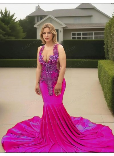 Fuchsia V-neck Velvet Mermaid Prom Dresses with Beaded