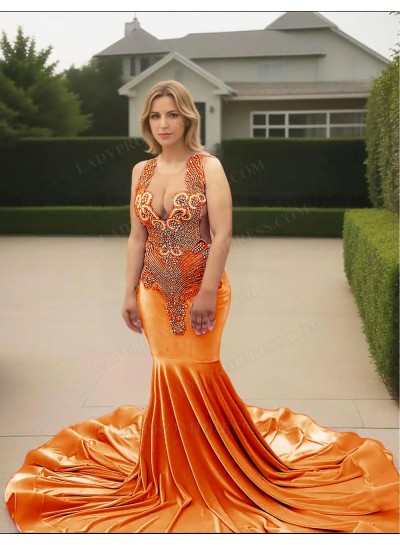Orange V-neck Velvet Mermaid Prom Dresses with Beaded