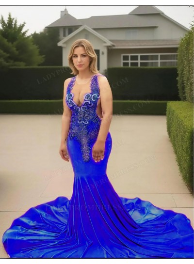 Royal Blue V-neck Velvet Mermaid Prom Dresses with Beaded