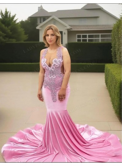 Baby Pink V-neck Velvet Mermaid Prom Dresses with Beaded