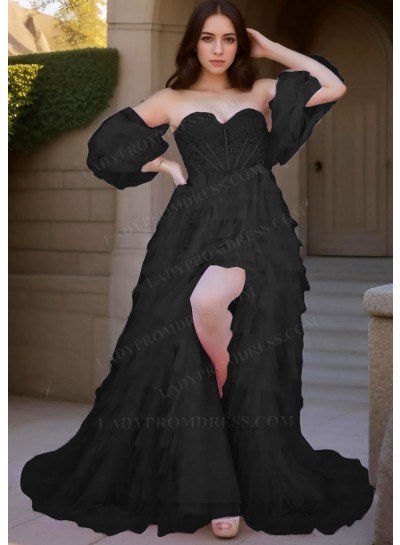 Black Sweetheart Multi Layered Tulle Prom Dresses with Ruffled