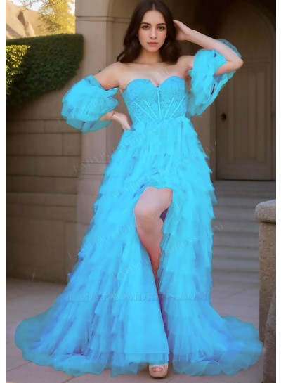 Blue Sweetheart Multi Layered Tulle Prom Dresses with Ruffled