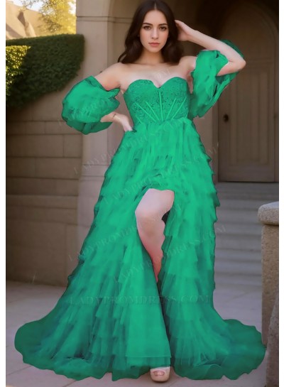 Emerald Sweetheart Multi Layered Tulle Prom Dresses with Ruffled