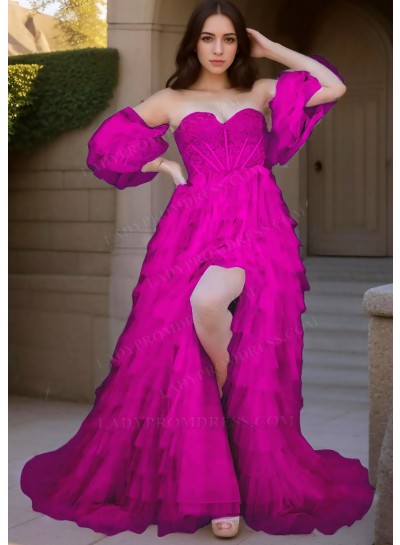 Fuchsia Sweetheart Multi Layered Tulle Prom Dresses with Ruffled