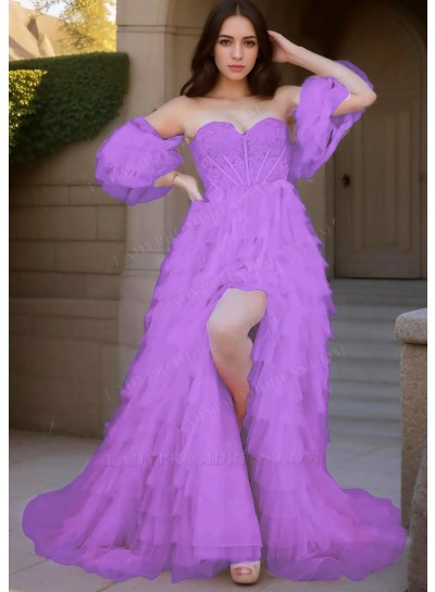 Lilac Sweetheart Multi Layered Tulle Prom Dresses with Ruffled