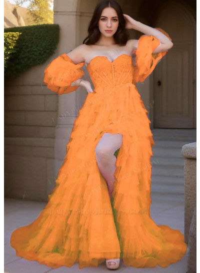 Orange Sweetheart Multi Layered Tulle Prom Dresses with Ruffled