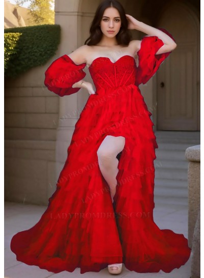 Red Sweetheart Multi Layered Tulle Prom Dresses with Ruffled