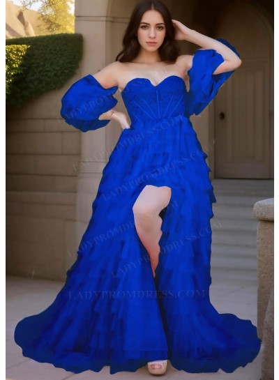 Royal Blue Sweetheart Multi Layered Tulle Prom Dresses with Ruffled