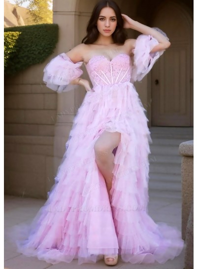 Light Pink Sweetheart Multi Layered Tulle Prom Dresses with Ruffled