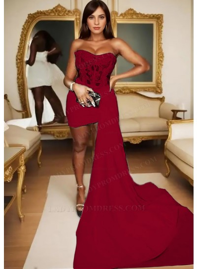 Burgundy Satin Short Mini Part Dress Asymmetric Train Corset Homecoming Cocktail Dresses