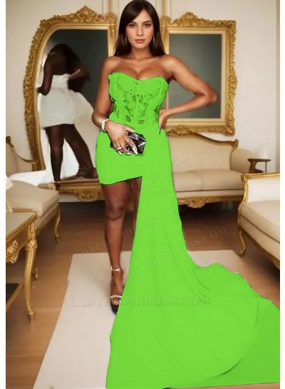 Lime Green Satin Short Mini Part Dress Asymmetric Train Corset Homecoming Cocktail Dresses