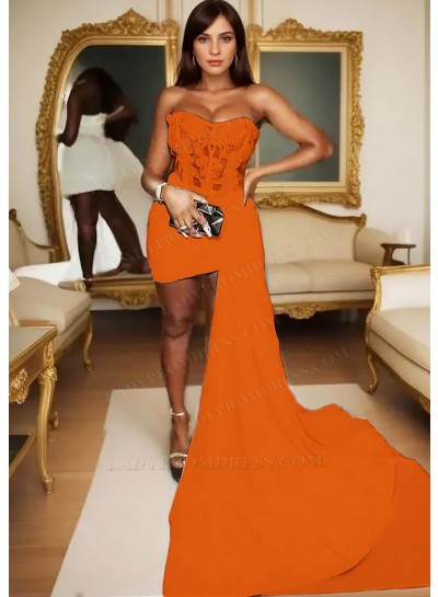 Orange Satin Short Mini Part Dress Asymmetric Train Corset Homecoming Cocktail Dresses