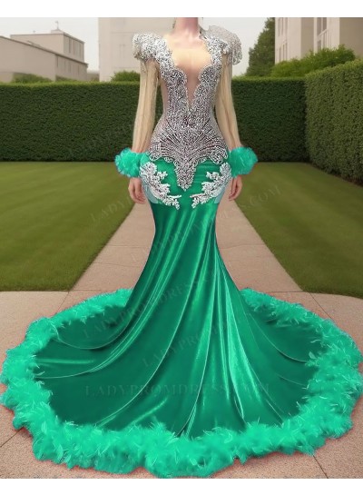 Emerald Velvet Beaded Mermaid Prom Dresses with Feather Train