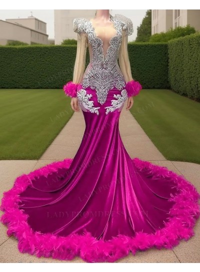 Fuchsia Velvet Beaded Mermaid Prom Dresses with Feather Train