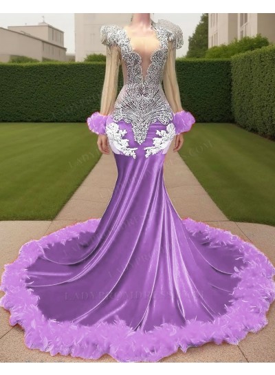 Lilac Velvet Beaded Mermaid Prom Dresses with Feather Train