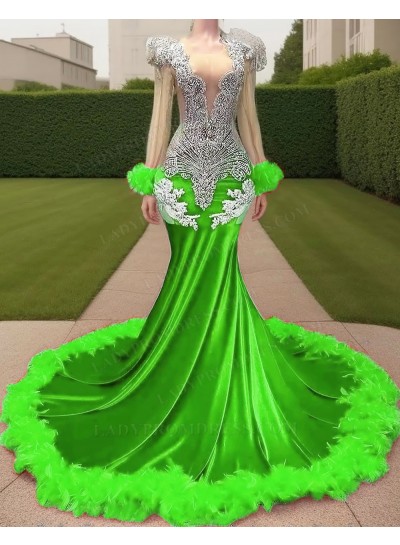 Lime Green Velvet Beaded Mermaid Prom Dresses with Feather Train
