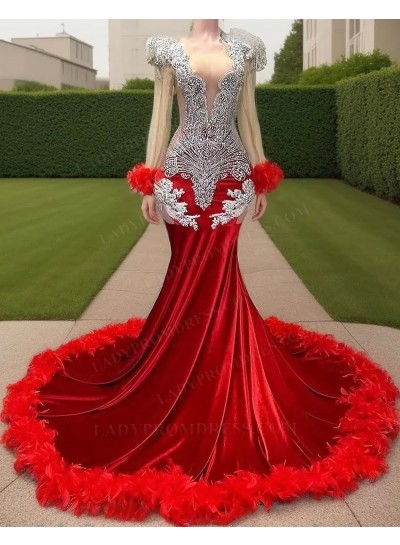Red Velvet Beaded Mermaid Prom Dresses with Feather Train