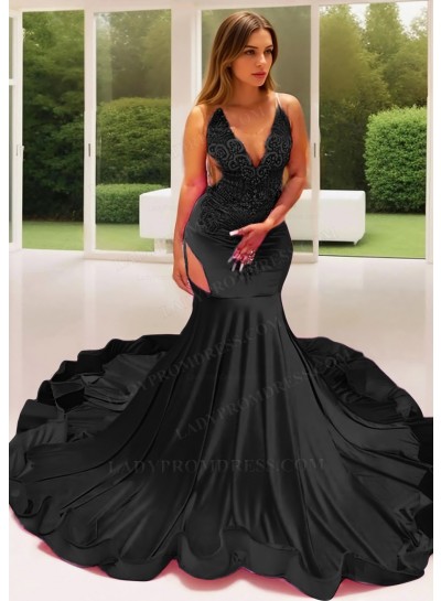 Black Satin Sheer Bustline Mermaid Prom Dresses with Beaded
