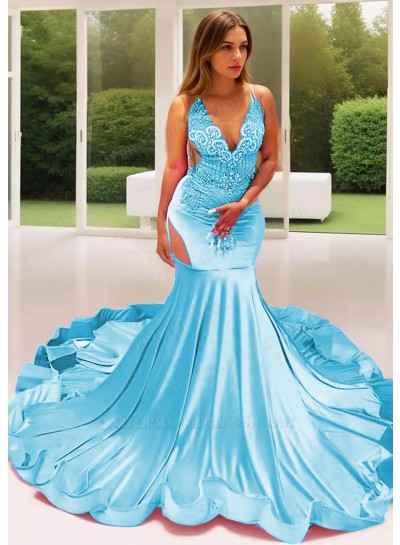 Blue Satin Sheer Bustline Mermaid Prom Dresses with Beaded