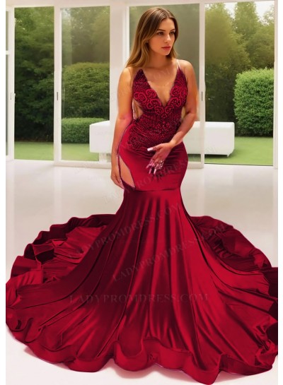Burgundy Satin Sheer Bustline Mermaid Prom Dresses with Beaded
