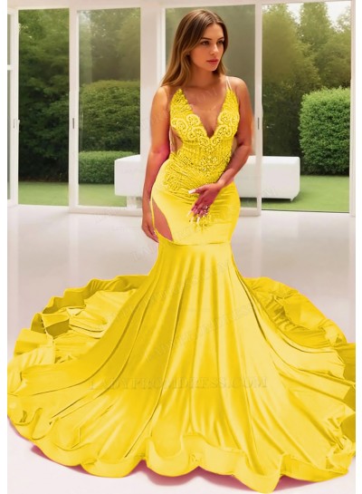 Daffodil Satin Sheer Bustline Mermaid Prom Dresses with Beaded