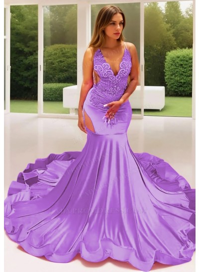 Lilac Satin Sheer Bustline Mermaid Prom Dresses with Beaded