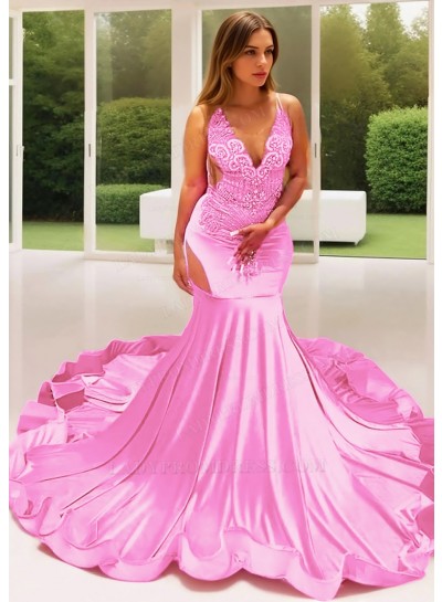 Pale Pink Satin Sheer Bustline Mermaid Prom Dresses with Beaded
