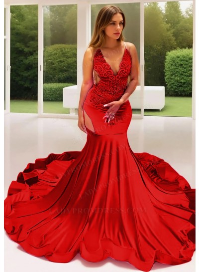 Red Satin Sheer Bustline Mermaid Prom Dresses with Beaded