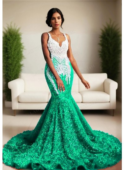 Emerald Sequins Mermaid Prom Dress White Beaded