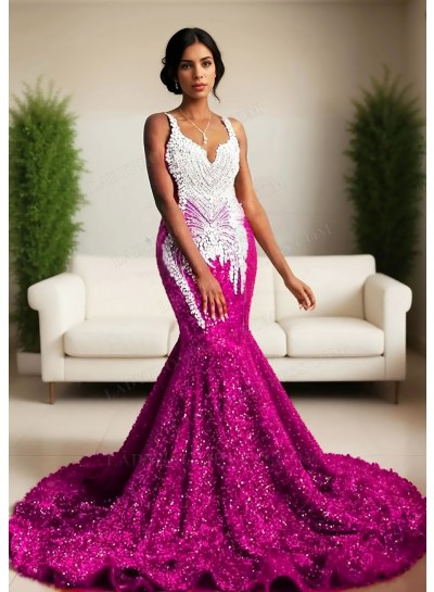 Fuchsia Sequins Mermaid Prom Dress White Beaded