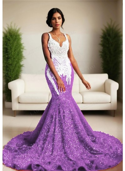 Lilac Sequins Mermaid Prom Dress White Beaded