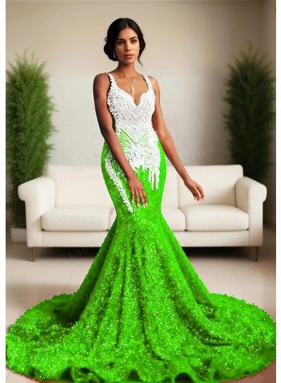Lime Green Sequins Mermaid Prom Dress White Beaded