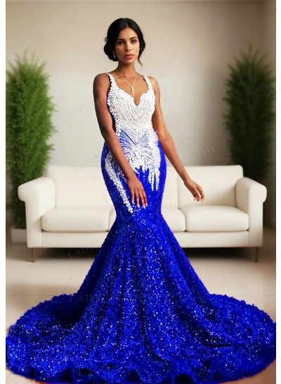 Royal Blue Sequins Mermaid Prom Dress White Beaded