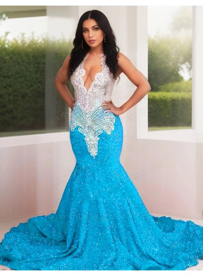 Blue Sequins Mermaid Prom Dresses Silver Beaded