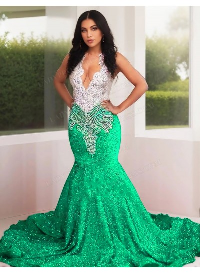 Emerald Sequins Mermaid Prom Dresses Silver Beaded