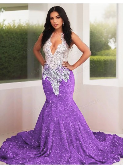 Lilac Sequins Mermaid Prom Dresses Silver Beaded