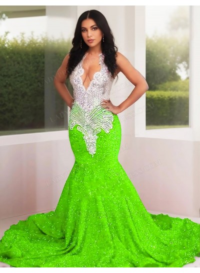Lime Green Sequins Mermaid Prom Dresses Silver Beaded