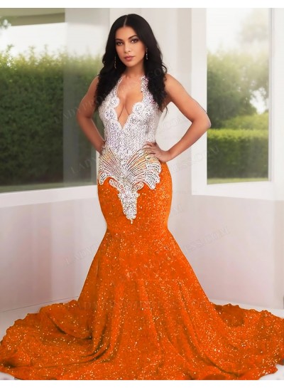 Orange Sequins Mermaid Prom Dresses Silver Beaded