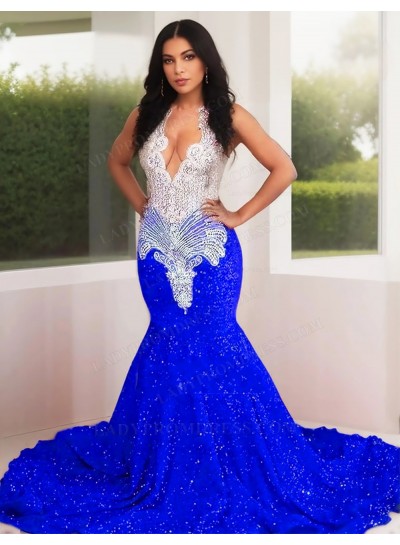 Royal Blue Sequins Mermaid Prom Dresses Silver Beaded