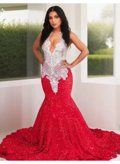 Red V-neck Sequins Mermaid Prom Dresses Silver Beaded