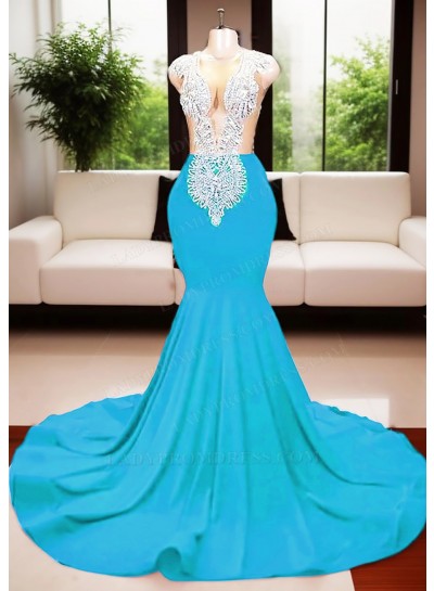 Blue Deep V-neck Mermaid Prom Dresses with Beaded