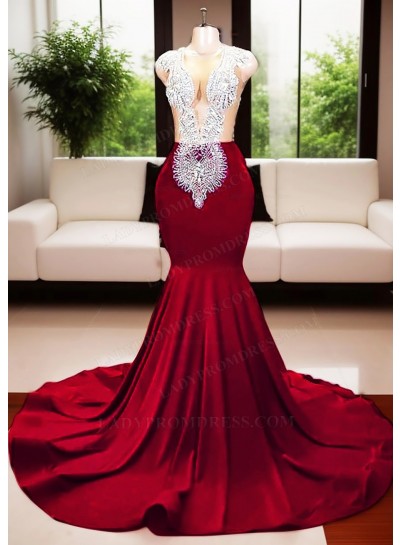 Burgundy Deep V-neck Mermaid Prom Dresses with Beaded