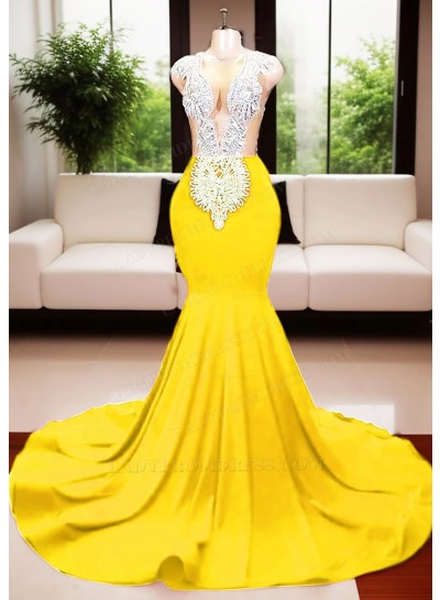 Daffodil Deep V-neck Mermaid Prom Dresses with Beaded