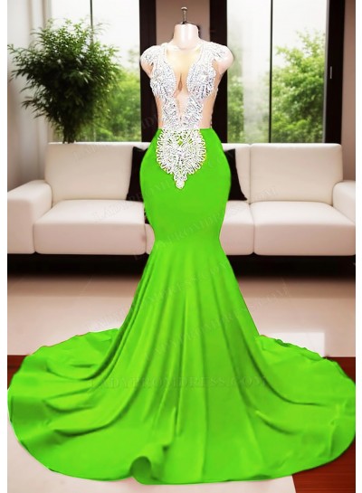 Lime Green Deep V-neck Mermaid Prom Dresses with Beaded